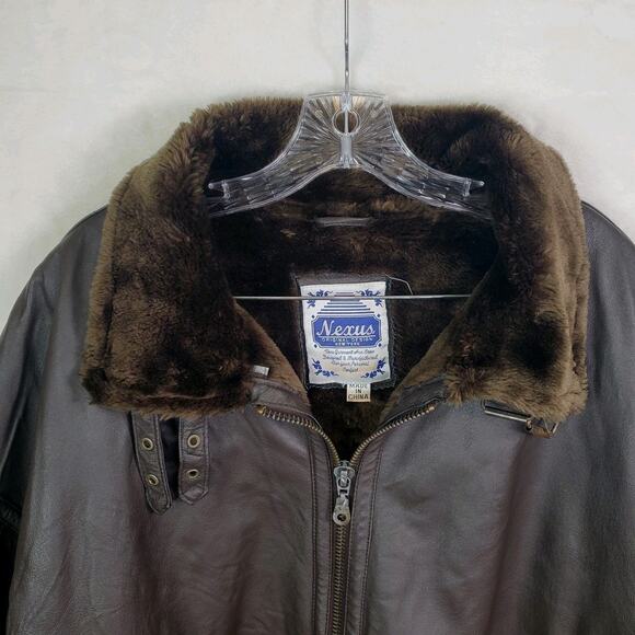 Vtg Nexus Dark Brown Leather Fur Lined Bomber Aviator Jacket Coat Buckles Men 3X - Picture 2 of 16